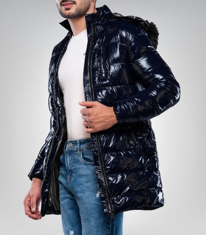 Carlos Men’s Duck Down Navy Blue Puffer Jacket with Hood 700 Fill Power Insulated Winter Coat