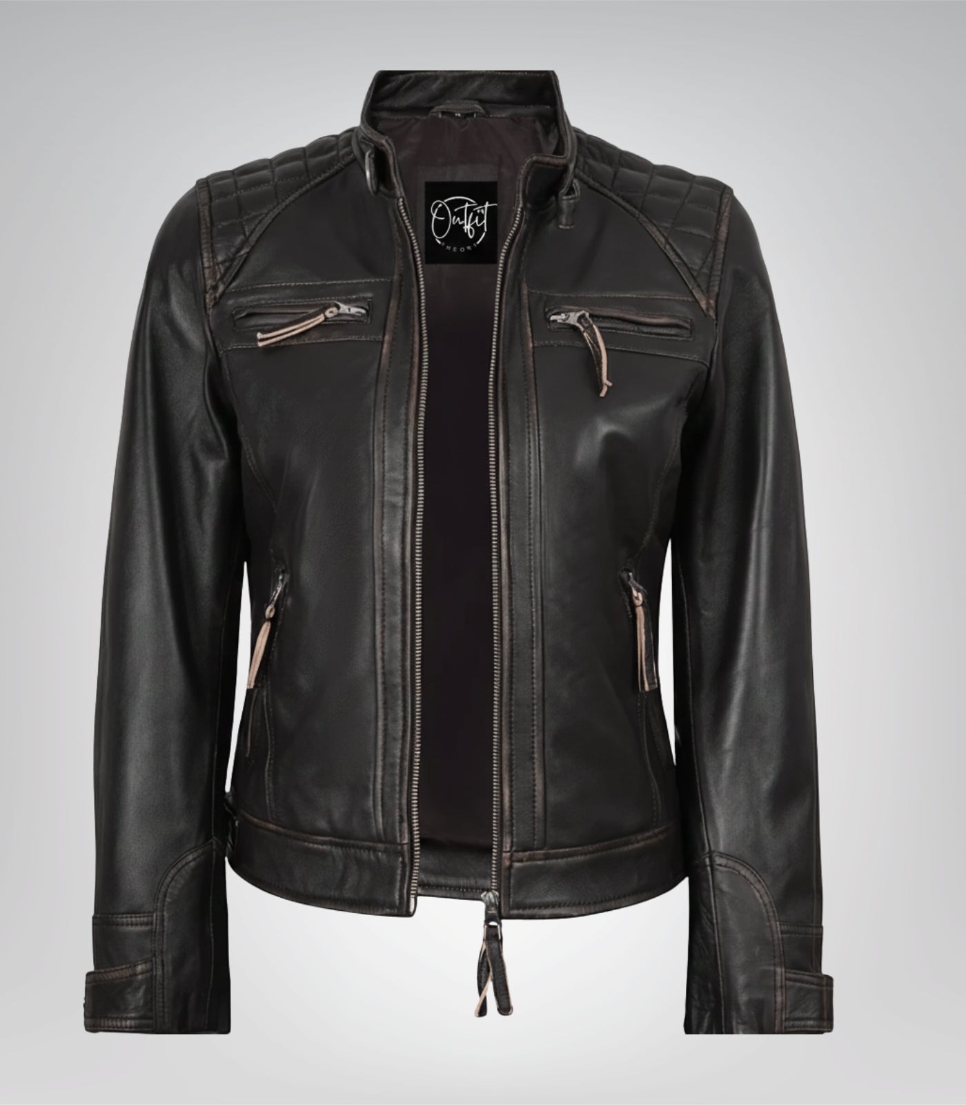 Distressed brown real leather motorcycle jacket for women with quilted detailing