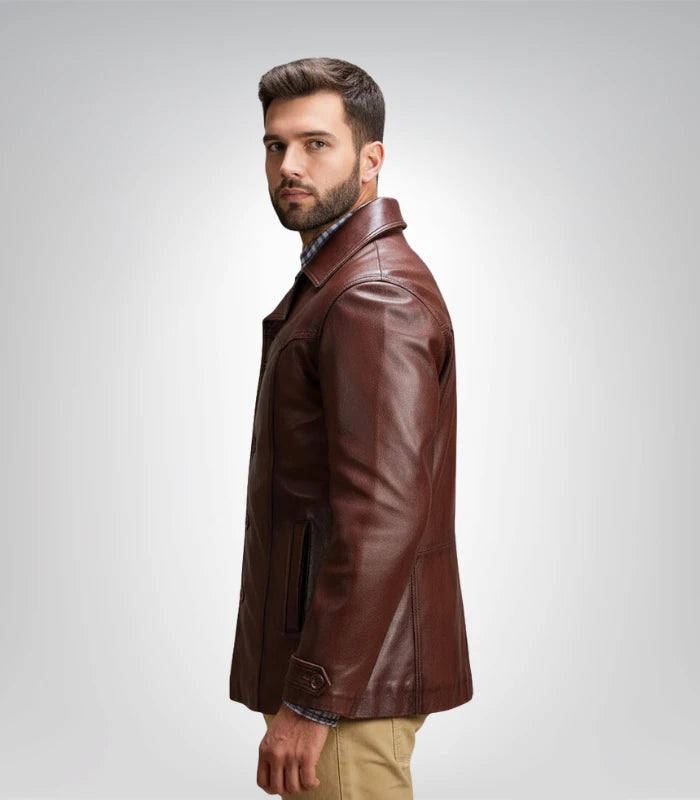Men's genuine brown leather biker jacket by Vincent Alley