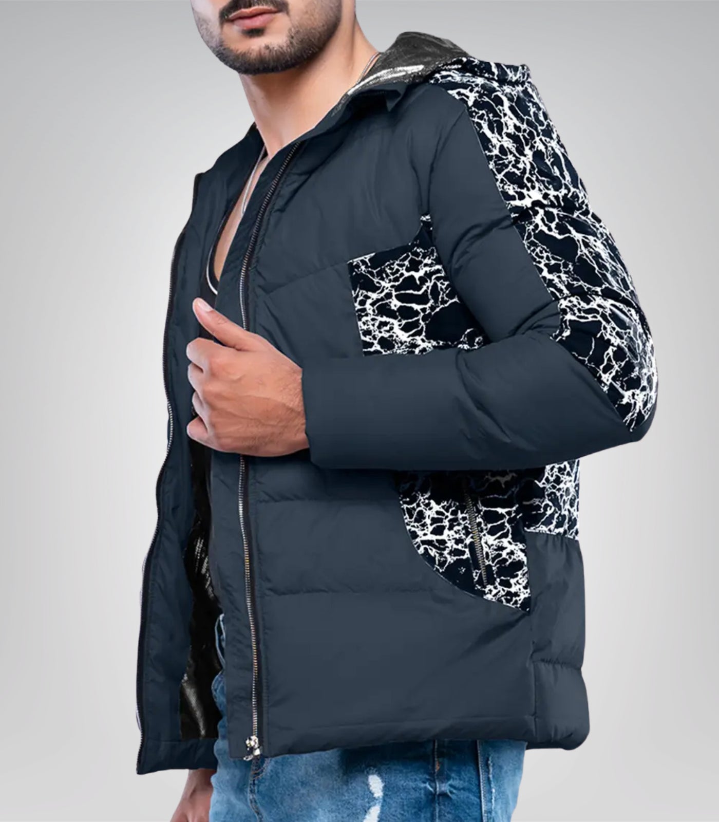 Karter Men’s Duck Down Navy Blue Patterned Puffer Jacket with Hood 700 Fill Power Insulated Winter Coat