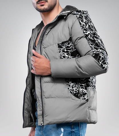 Karter Men’s Duck Down Light Gray Patterned Puffer Jacket with Hood 700 Fill Power Insulated Winter Coat