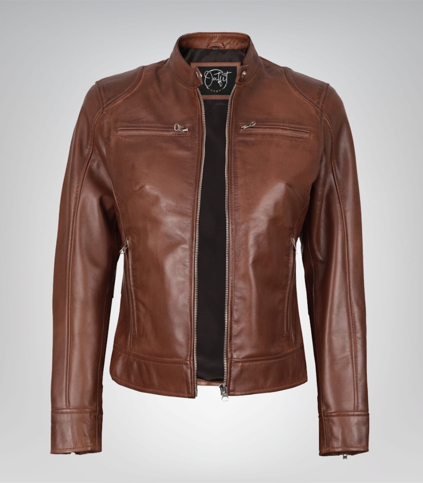 Women's Cognac Waxed Motorcycle-Style Leather Jacket