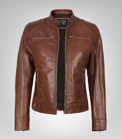 Women's Cognac Waxed Motorcycle-Style Leather Jacket