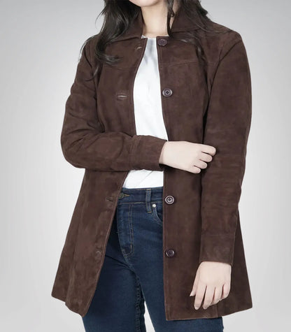 Women’s dark brown suede leather coat – timeless longline buttoned jacket