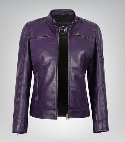 Purple premium lambskin leather biker jacket for women by Dodge