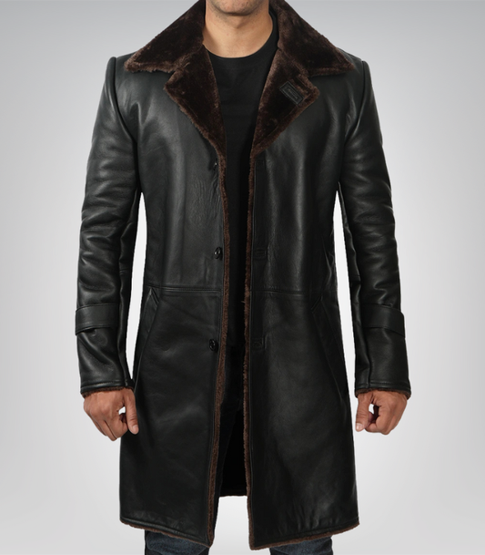 Men’s 3/4 Length Genuine Black Leather Coat with Brown Shearling Lining
