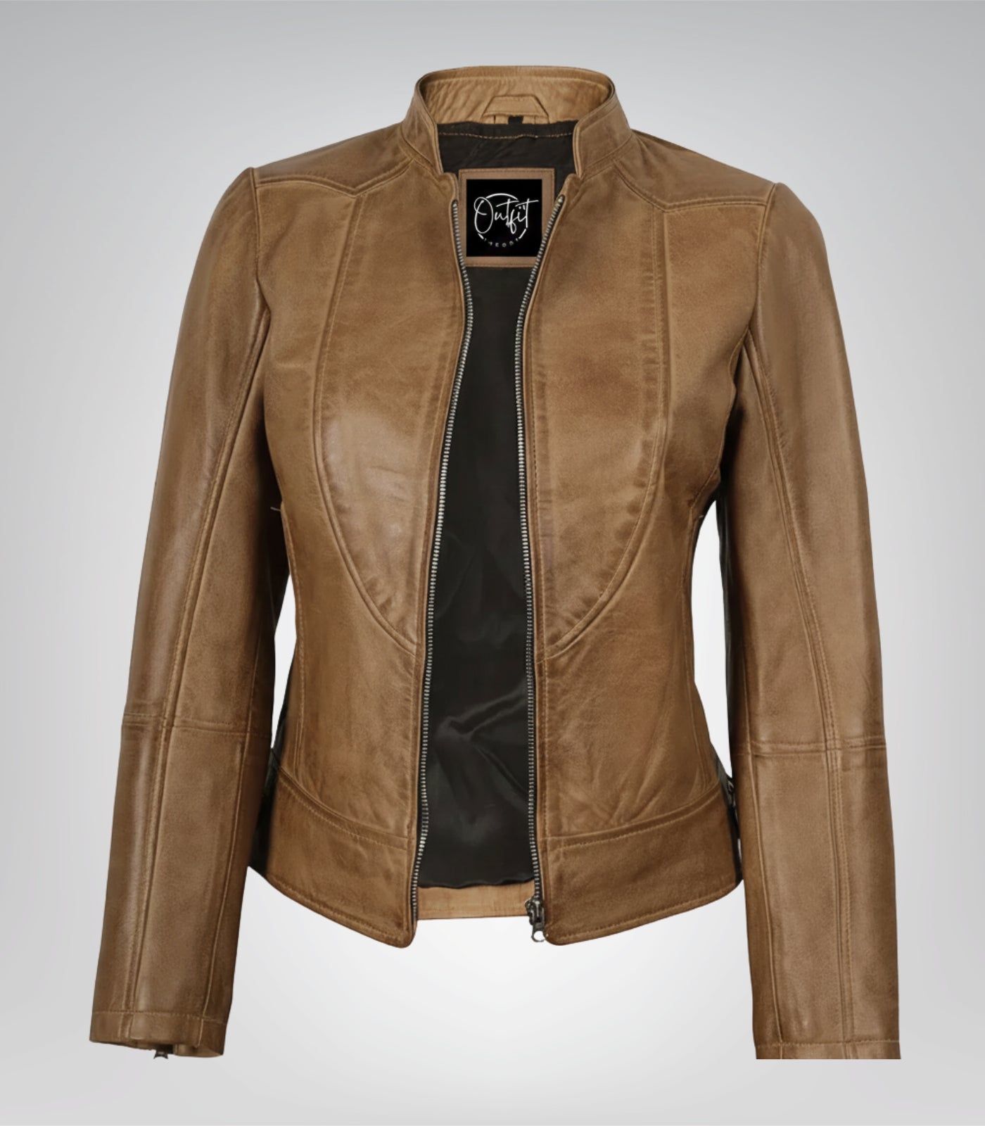 Camel brown real leather biker jacket for women by Amy