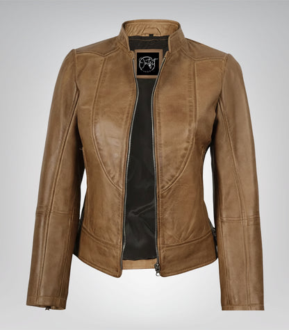 Camel brown real leather biker jacket for women by Amy