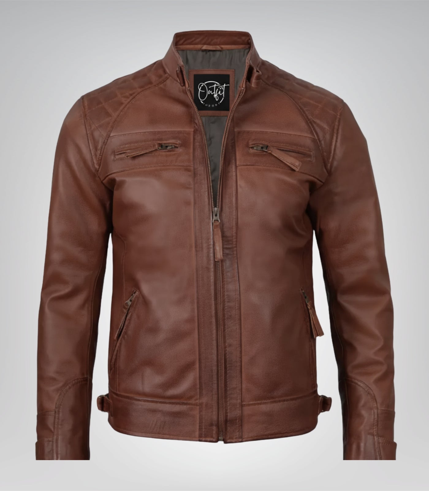 Cognac brown leather motorcycle jacket for men featuring quilted shoulders