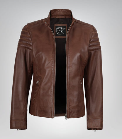 Cognac real leather motorcycle jacket for women
