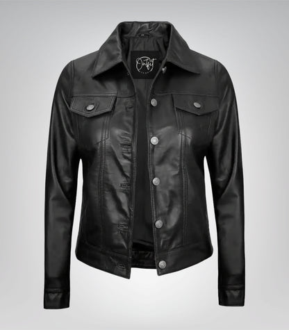 Black real lambskin leather trucker jacket for women featuring four pockets