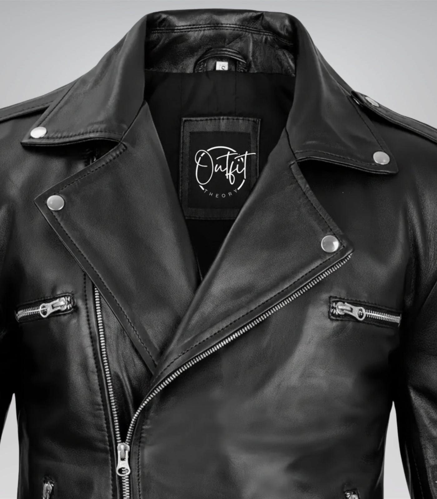 Black genuine leather biker jacket for men featuring an asymmetrical zipper and belt