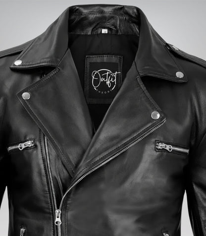 Black genuine leather biker jacket for men featuring an asymmetrical zipper and belt
