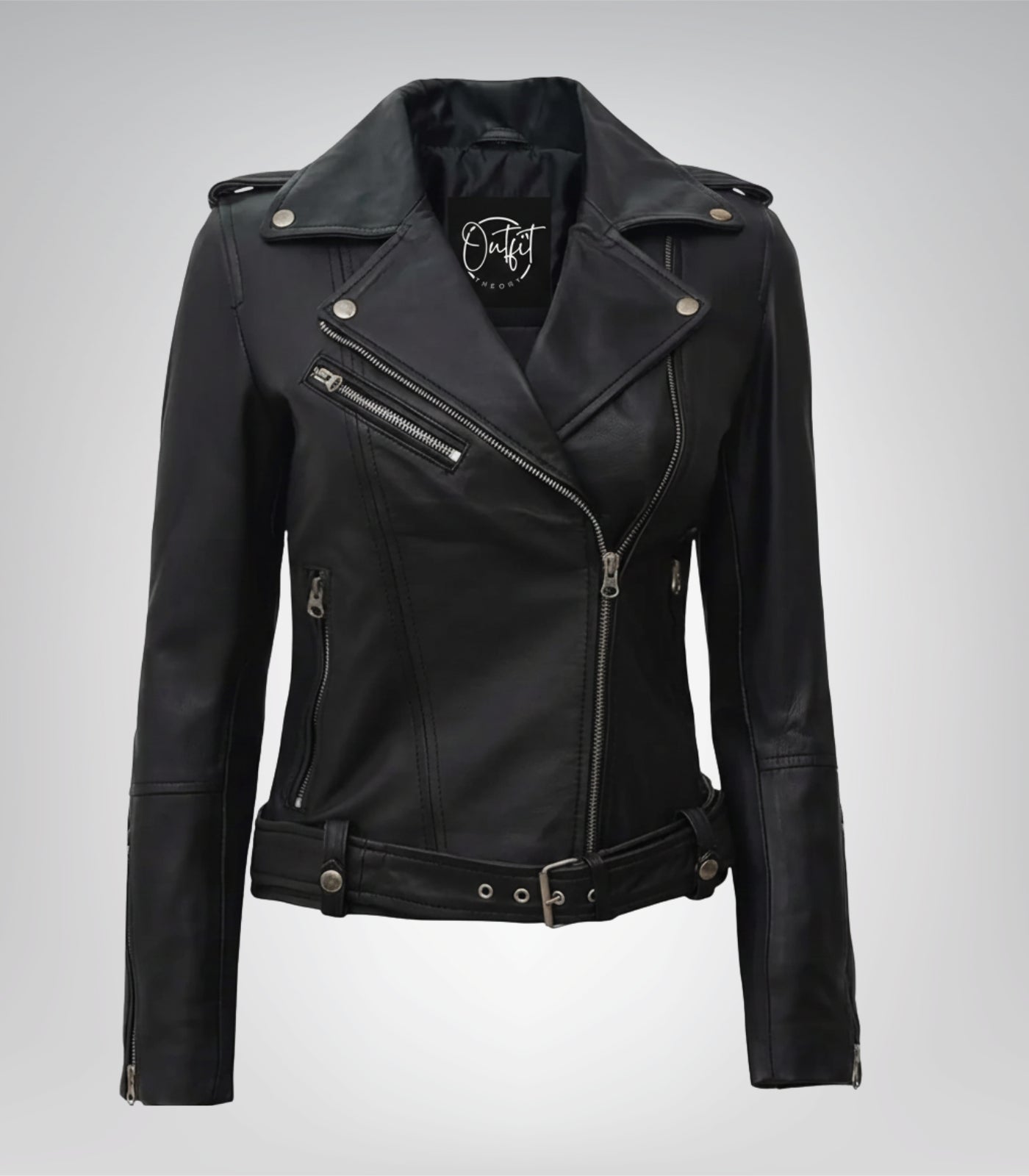Women’s black real leather motorcycle jacket with belted waist – Margaret design