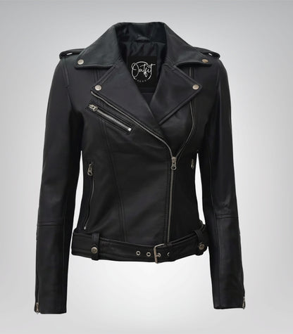 Women’s black real leather motorcycle jacket with belted waist – Margaret design