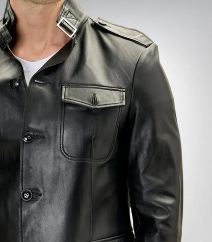 Men’s slim-fit black leather shirt jacket – biker outerwear