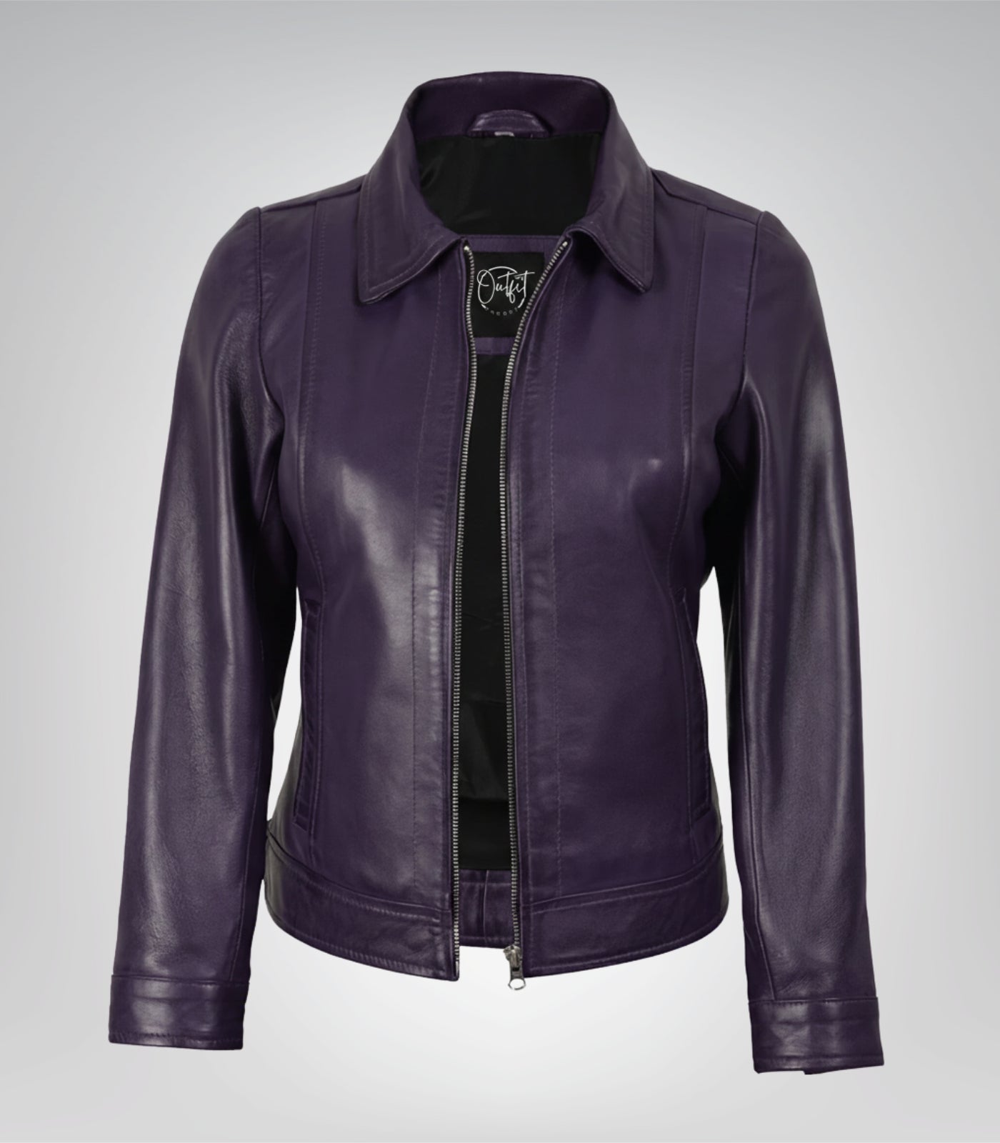 Purple real leather motorcycle jacket for women featuring shirt-style collar