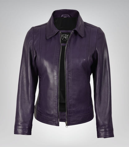 Purple real leather motorcycle jacket for women featuring shirt-style collar