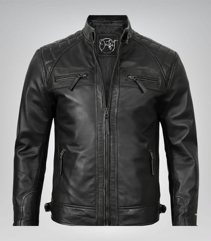 Premium black leather moto jacket for men with timeless style