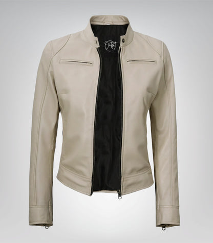 Women’s beige real leather motorcycle jacket – Dodge style