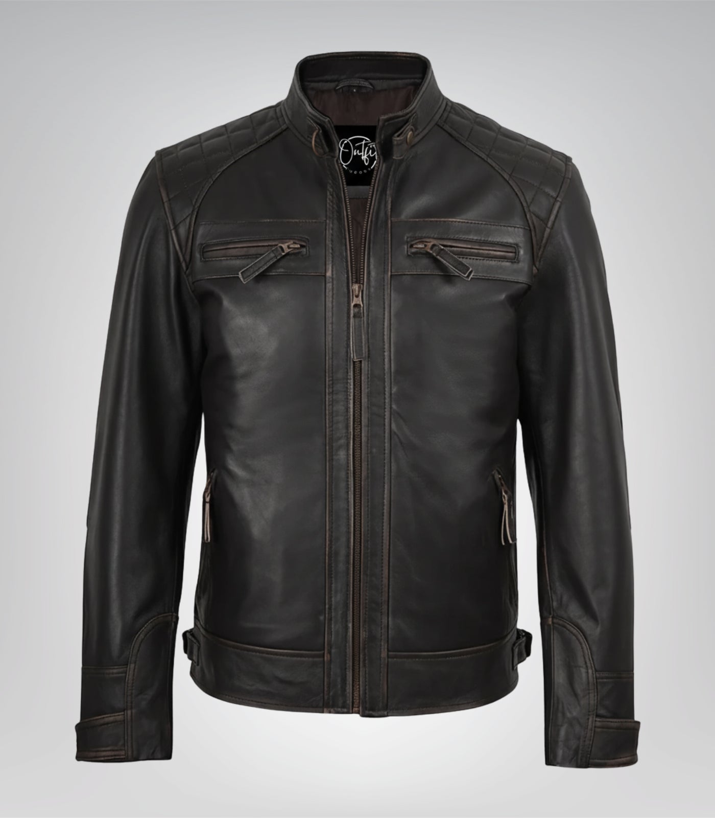 Distressed brown motorcycle jacket for men featuring quilted shoulders