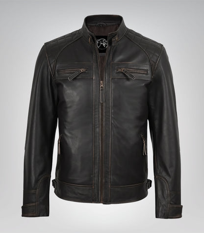 Distressed brown motorcycle jacket for men featuring quilted shoulders