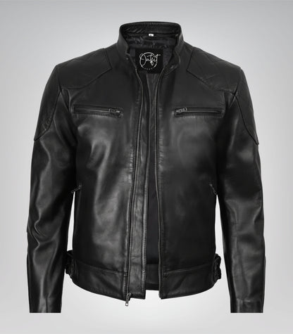 Sleek black designer motorcycle jacket for men in real leather