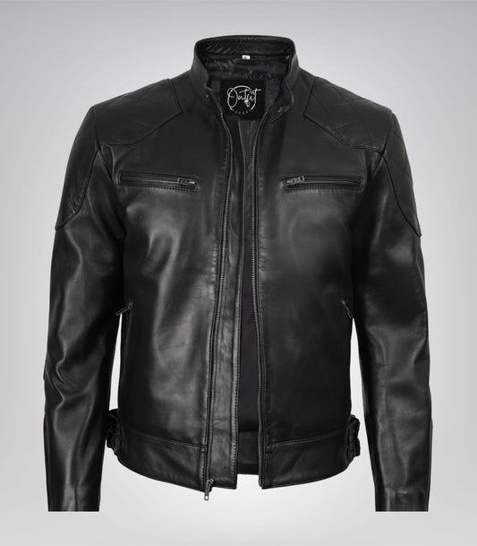 Sleek black designer motorcycle jacket for men in real leather