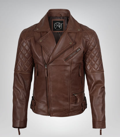 Men’s cognac leather biker jacket featuring an asymmetrical bold design