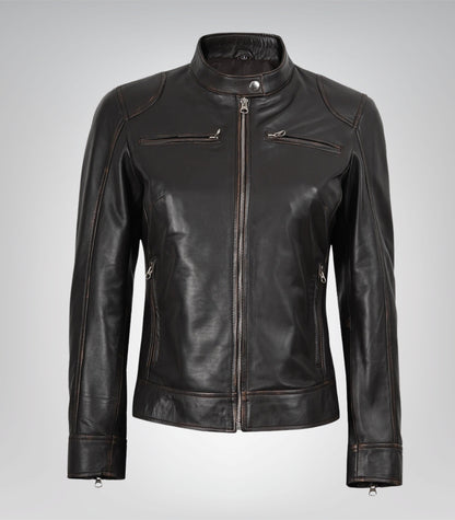 Distressed brown real leather moto jacket for women – Dodge edition