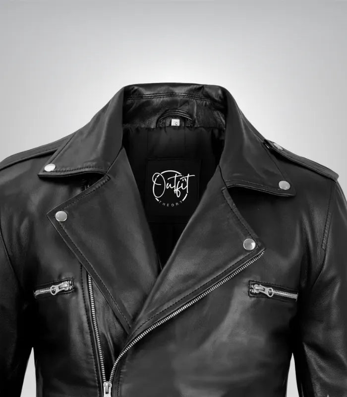 Men’s black leather biker jacket with asymmetrical zipper and belted waist – Negan edition