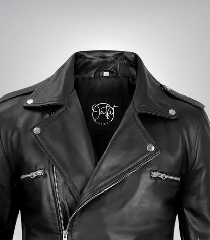 Men’s black leather biker jacket with asymmetrical zipper and belted waist – Negan edition