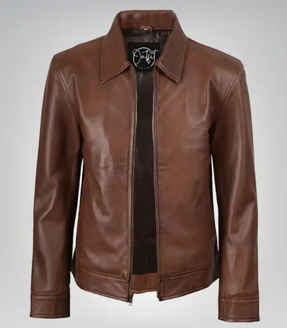 Men’s classic cognac leather Harrington jacket – timeless casual outerwear