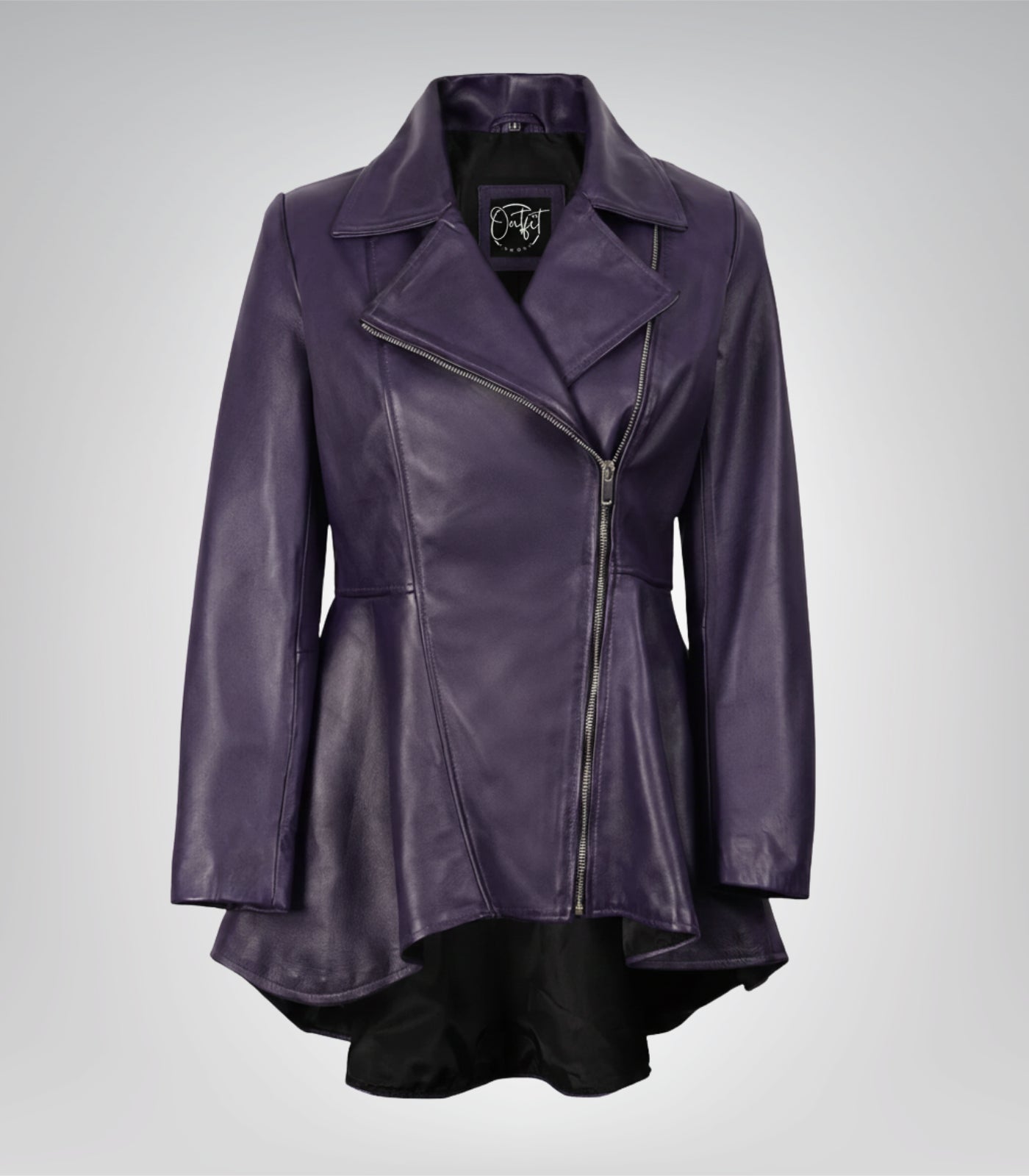 Women’s purple real leather jacket featuring a peplum frock design