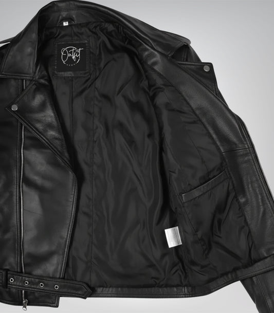 Black asymmetrical leather motorcycle jacket for men