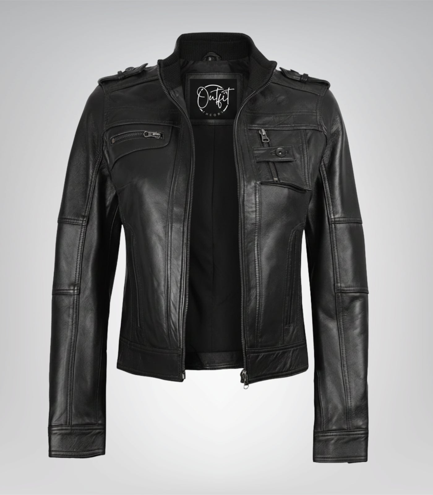Women’s black real leather motorcycle jacket in classic biker style