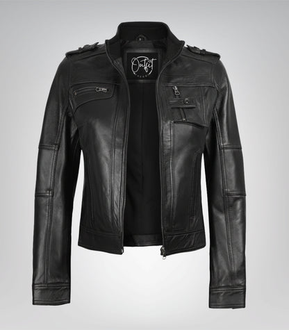 Women’s black real leather motorcycle jacket in classic biker style