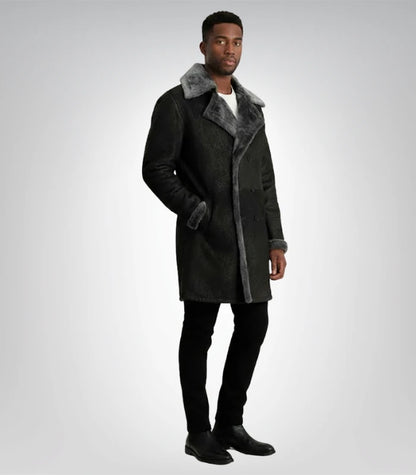 Charles Distressed Black Leather Shearling Double-Breasted Coat