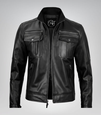 Premium leather black biker jacket for men in tailored fit