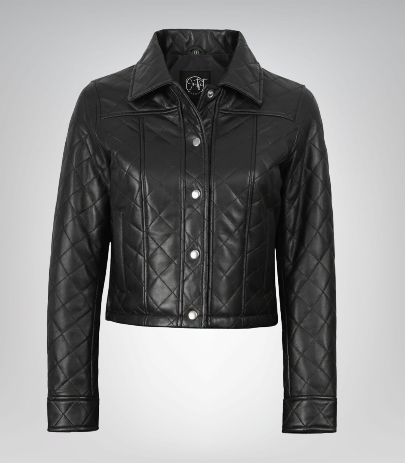 Black cropped leather jacket for women with quilted detailing