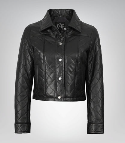 Black cropped leather jacket for women with quilted detailing