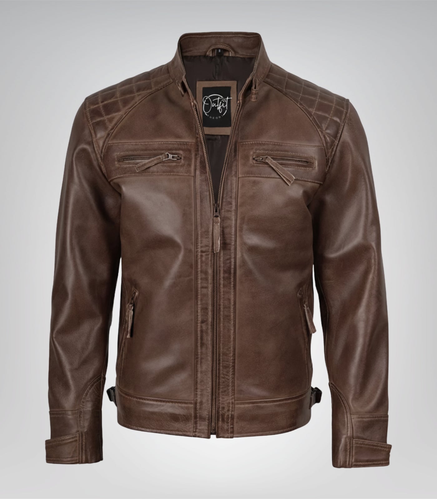 Chocolate brown men’s motorcycle leather jacket featuring quilted shoulders