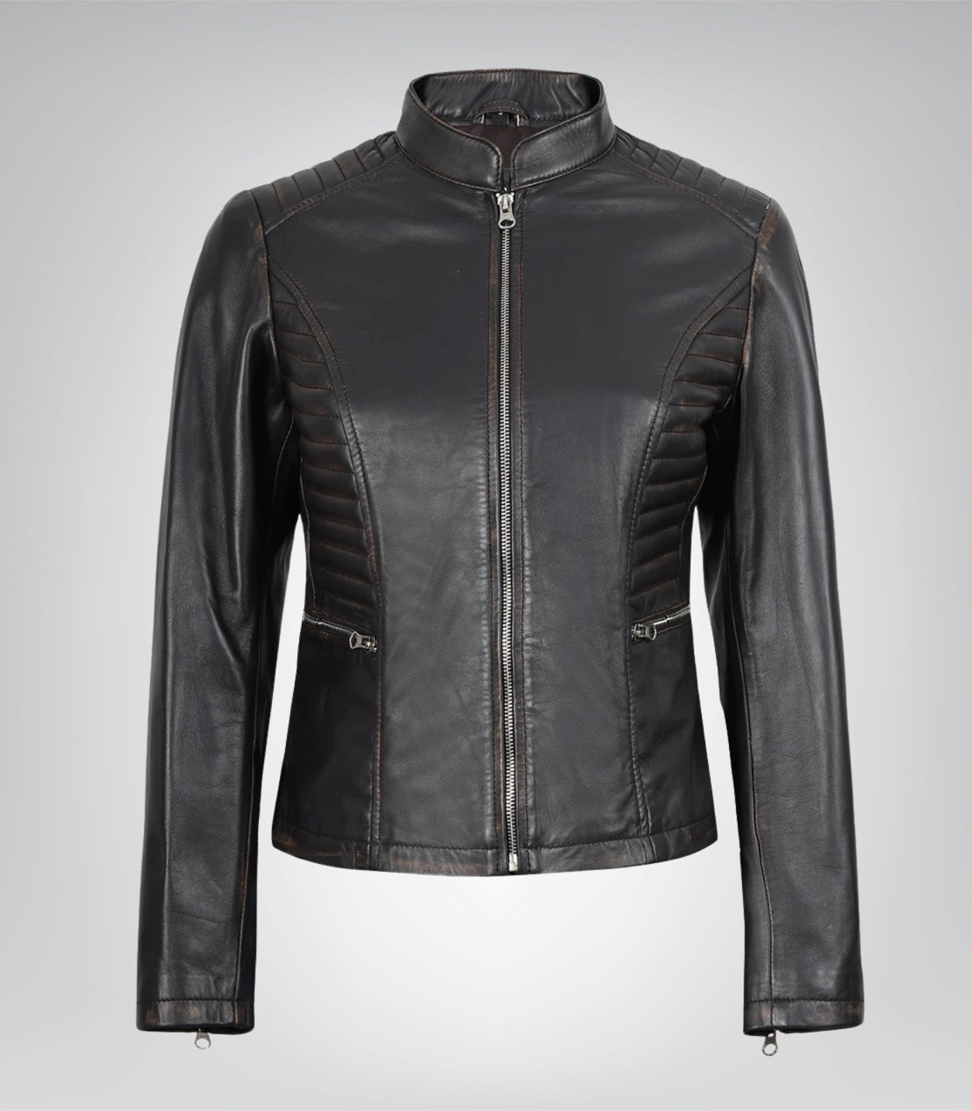 Distressed brown real leather motorcycle-style jacket for women
