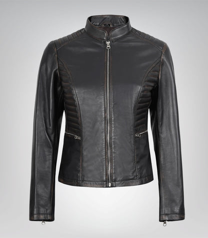 Distressed brown real leather motorcycle-style jacket for women