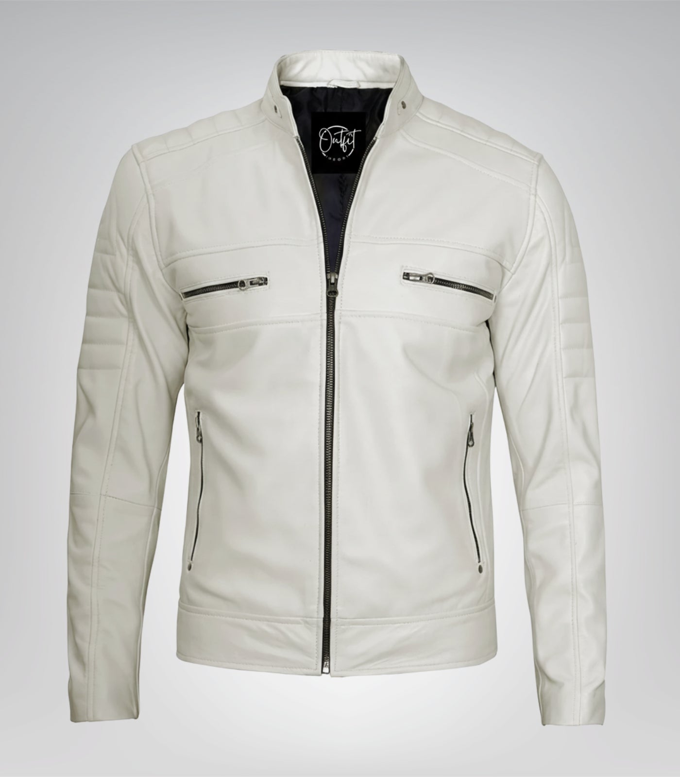 Off-white men’s leather motorcycle jacket in biker style