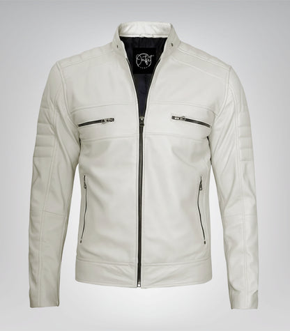 Off-white men’s leather motorcycle jacket in biker style