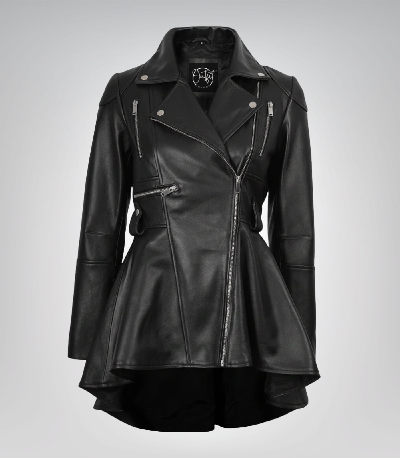 Black genuine leather peplum-style jacket for women with angled front