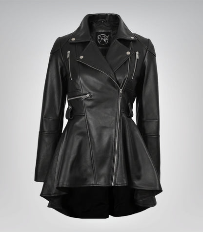 Black genuine leather peplum-style jacket for women with angled front