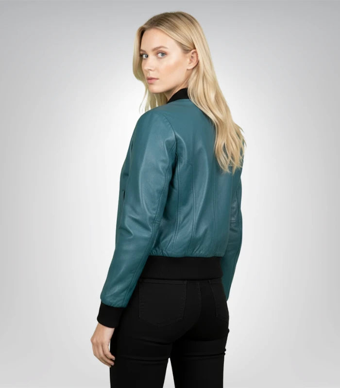 Bliss Blue Leather Bomber Jacket