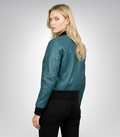 Bliss Blue Leather Bomber Jacket